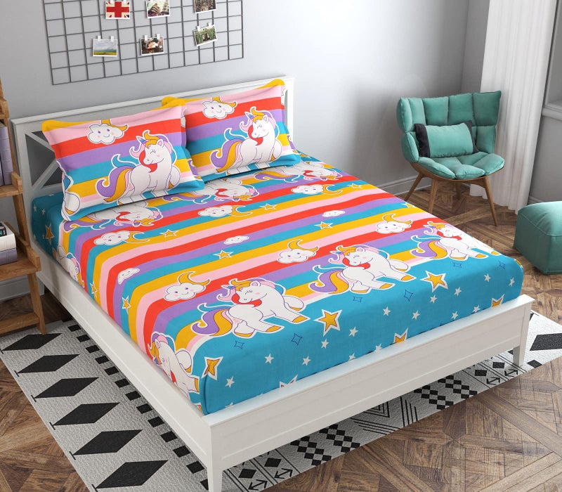 Gleeson 260 TC Polycotton Unicorn Printed King Size Bedsheets for Double Bed with 2 Pillow Covers Cartoon Bed Sheets for Kids-Girls Room (90"x 90") Hypoallergenic Bed Spread - Image 1