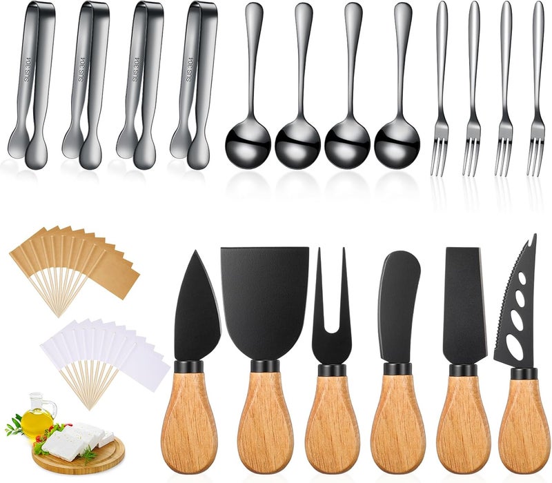 Patelai 18 Pieces Charcuterie Board Accessories Spreader Knife Set Cheese Butter Spreader Knife Charcuterie Utensils with Wooden Handles Mini Serving Tongs Spoons Forks for party Wedding Christmas Black - Image 1