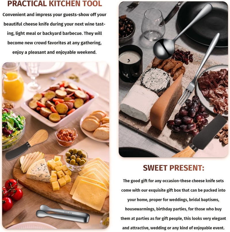 Patelai 18 Pieces Charcuterie Board Accessories Spreader Knife Set Cheese Butter Spreader Knife Charcuterie Utensils with Wooden Handles Mini Serving Tongs Spoons Forks for party Wedding Christmas Black - Image 4