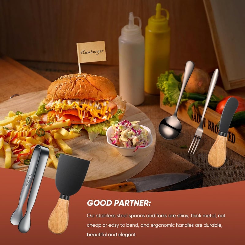 Patelai 18 Pieces Charcuterie Board Accessories Spreader Knife Set Cheese Butter Spreader Knife Charcuterie Utensils with Wooden Handles Mini Serving Tongs Spoons Forks for party Wedding Christmas Black - Image 5