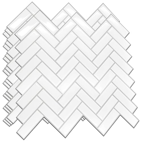 WALPLUS Peel and Stick Backsplash Tiles Sticker for Kitchen Stick on Backsplash 8 Sheets 11" x 8" Subway Tile Bathroom Splashback Water Heat Resistant White Herringbone Glossy Spring Easter Decoration - Image 1
