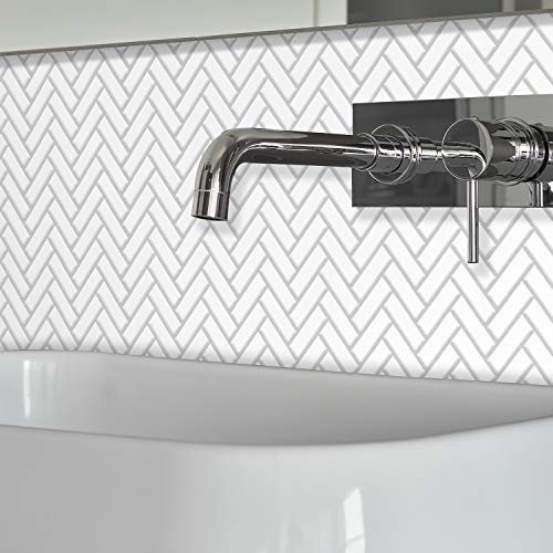 WALPLUS Peel and Stick Backsplash Tiles Sticker for Kitchen Stick on Backsplash 8 Sheets 11" x 8" Subway Tile Bathroom Splashback Water Heat Resistant White Herringbone Glossy Spring Easter Decoration - Image 2