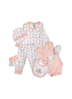 Babies Basic 7 Piece Unisex 100% Cotton Set Include Bib, Socks, Mitten, Cap, Romper, Top And Bottom Set, Pink  - Image 2