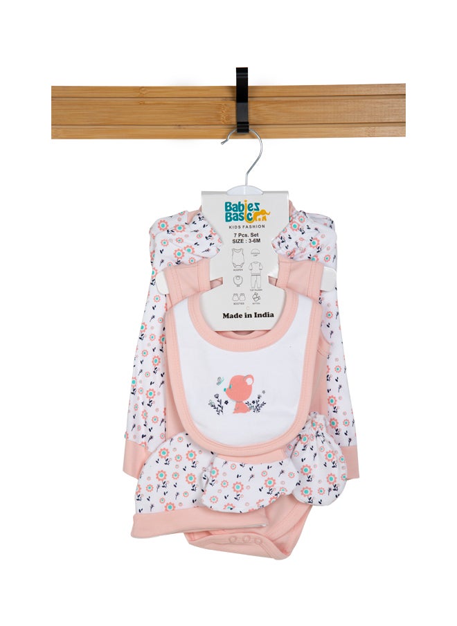 Babies Basic 7 Piece Unisex 100% Cotton Set Include Bib, Socks, Mitten, Cap, Romper, Top And Bottom Set, Pink  - Image 1