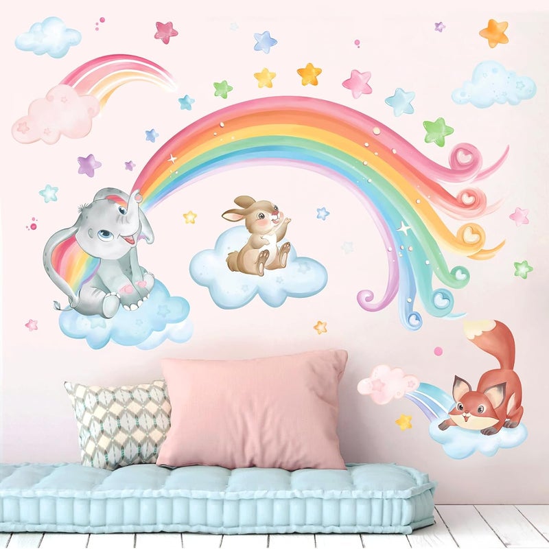 wondever Rainbow Animals Wall Stickers Elephant Rabbit Fox Clouds Peel and Stick Wall Art Decals for Baby Nursery Kids Bedroom Classroom - Image 2