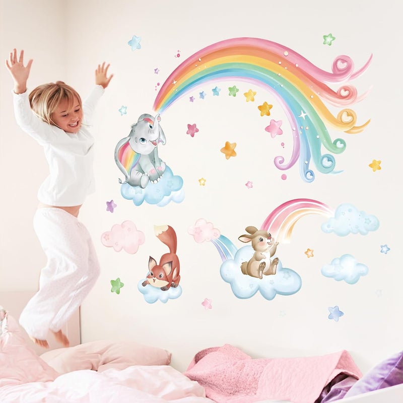 wondever Rainbow Animals Wall Stickers Elephant Rabbit Fox Clouds Peel and Stick Wall Art Decals for Baby Nursery Kids Bedroom Classroom - Image 3