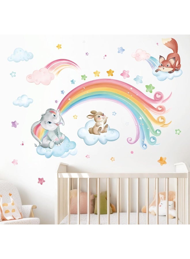 wondever Rainbow Animals Wall Stickers Elephant Rabbit Fox Clouds Peel and Stick Wall Art Decals for Baby Nursery Kids Bedroom Classroom - Image 4