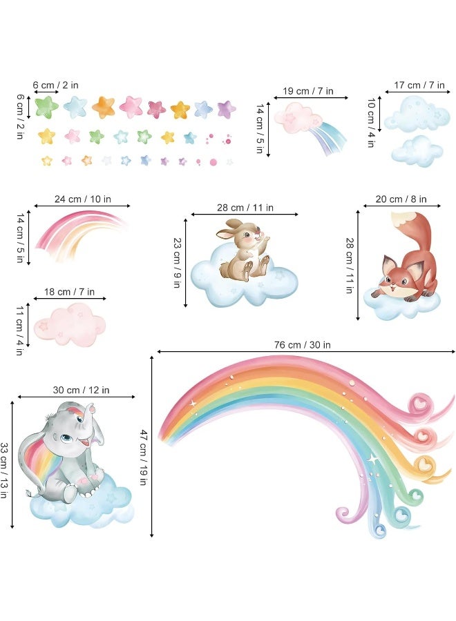 wondever Rainbow Animals Wall Stickers Elephant Rabbit Fox Clouds Peel and Stick Wall Art Decals for Baby Nursery Kids Bedroom Classroom - Image 5