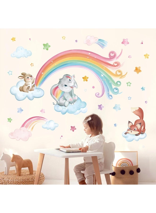 wondever Rainbow Animals Wall Stickers Elephant Rabbit Fox Clouds Peel and Stick Wall Art Decals for Baby Nursery Kids Bedroom Classroom - Image 1