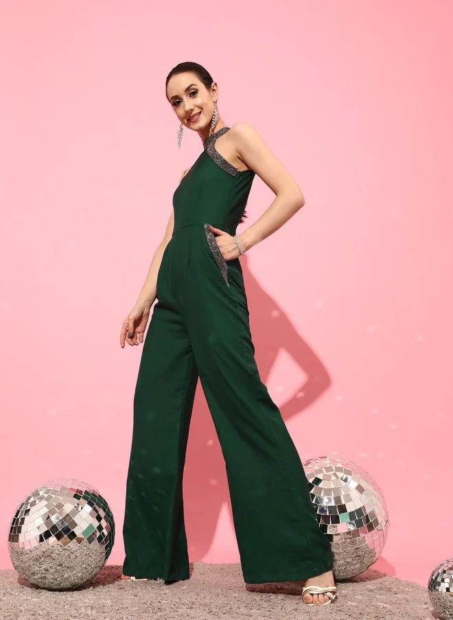 STREET 9 Green Embellished Basic Jumpsuit for Women