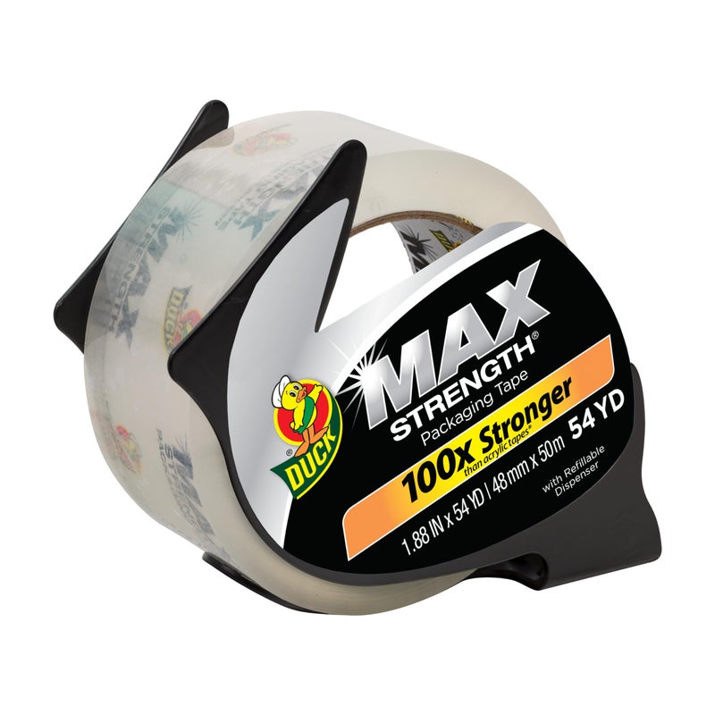 Duck Max Strength Clear Packing Tape with Dispenser - Maximum Strength Heavy Duty Packaging Tape for Shipping & Moving Boxes - 3" Core - 1.88 Inch x 54.6 Yards - Clear (284982) - Image 1