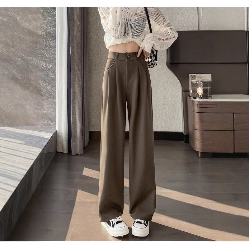 Women'S Slimming High-Waist Narrow Wide-Leg Pants For High-Level Vertical Straight Creamy-White Casual Pants - Image 3