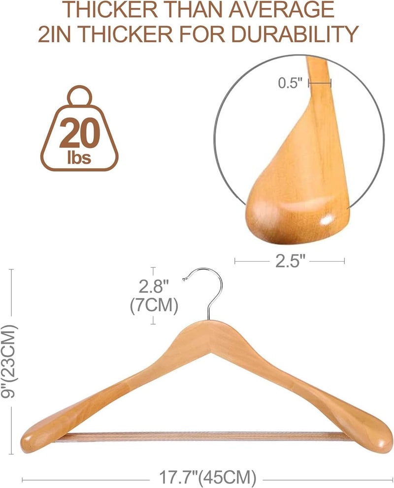 HOUSE DAY 4-Pack Wide Shoulder Wooden Hangers, Natural Suit Hangers with Non-Slip Pants Bar, Smooth Finish 360°Swivel Hook High-Grade Solid Wood Coat Hangers for Dress, Jacket, Heavy Clothes Hanger - Image 2