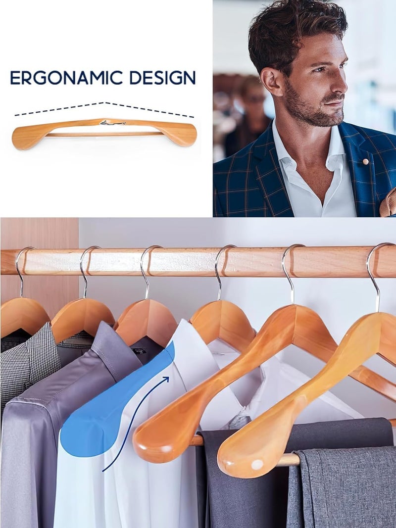 HOUSE DAY 4-Pack Wide Shoulder Wooden Hangers, Natural Suit Hangers with Non-Slip Pants Bar, Smooth Finish 360°Swivel Hook High-Grade Solid Wood Coat Hangers for Dress, Jacket, Heavy Clothes Hanger - Image 4