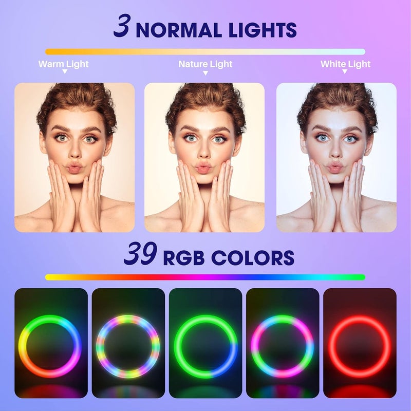 حلقة ضوئية TODI RGB مقاس 12 بوصة مع حامل ثلاثي القوائم بطول 63 بوصة، وضع CCT واحد و39 وضع لون حلقة ضوئية للسيلفي مع حامل، حلقة ضوئية LED 2 في 1 مع جهاز تحكم عن بعد للسيلفي، للمكياج والبث المباشر - Image 3