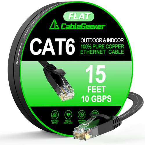 CableGeeker كابل إيثرنت Cat 6 بطول 15 قدم، داخلي وخارجي، سرعة عالية 10Gbps، كابل شبكة إنترنت مسطح، كابل إيثرنت نحاسي نقي طويل، كابل LAN للكمبيوتر مع مشابك وأحزمة لجهاز التوجيه، المودم، PS4/5، أسود - Image 1