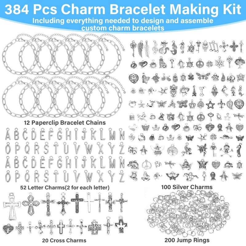 Flasoo 384 Pieces Silver Charm Bracelet Making Kit, Including Paperclip Chain Bracelets, Cross Charms, Jump Rings for DIY Bracelet Making - Image 2