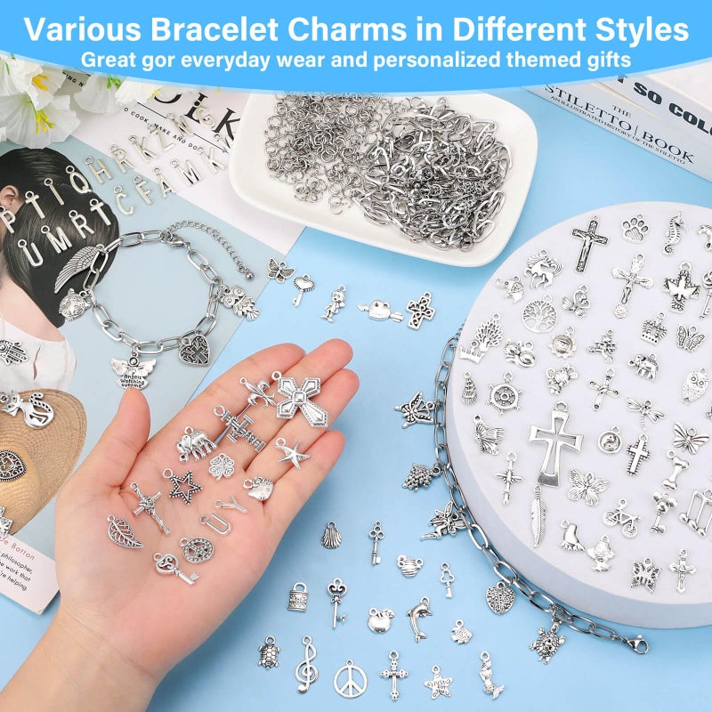 Flasoo 384 Pieces Silver Charm Bracelet Making Kit, Including Paperclip Chain Bracelets, Cross Charms, Jump Rings for DIY Bracelet Making - Image 4