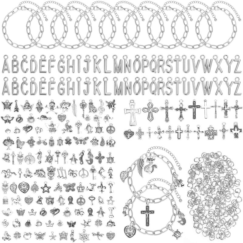 Flasoo 384 Pieces Silver Charm Bracelet Making Kit, Including Paperclip Chain Bracelets, Cross Charms, Jump Rings for DIY Bracelet Making - Image 1