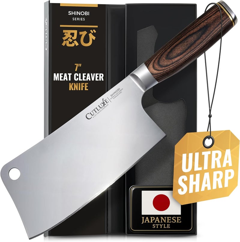 Cutluxe Meat Cleaver Knife – Ultra Sharp 7" Meat Cleaver, Butcher Knife, High Carbon Stainless Steel Blade, Full Tang Pakkawood Handle – Shinobi Series - Image 1