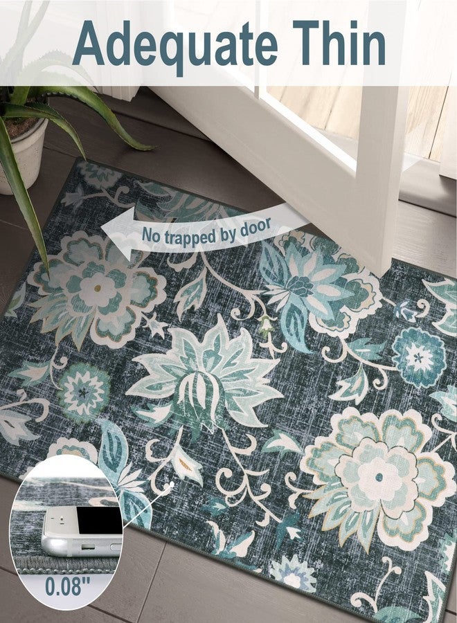 Beeiva Floral Washable Kitchen Runner Rugs, 2x6 Blue Modern Plant Bathroom Hallway Runner Rugs with Rubber Backing, Carpet Runner Rug for Hallways Bedroom Entryway Laundry Room - Image 2