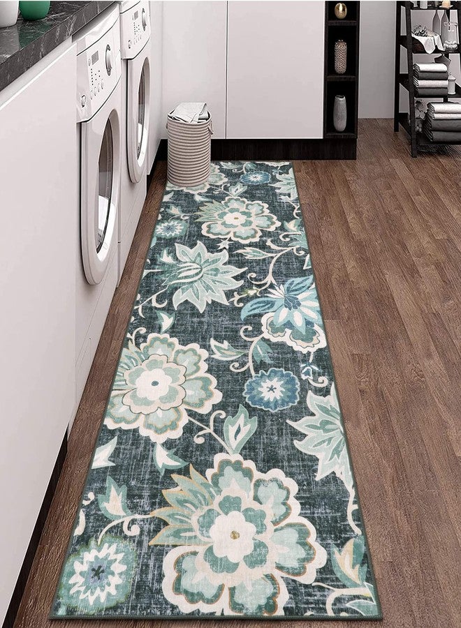 Beeiva Floral Washable Kitchen Runner Rugs, 2x6 Blue Modern Plant Bathroom Hallway Runner Rugs with Rubber Backing, Carpet Runner Rug for Hallways Bedroom Entryway Laundry Room - Image 5