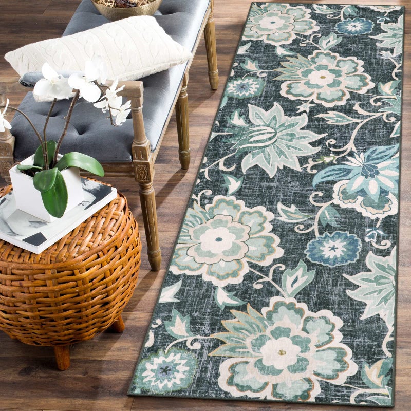 Beeiva Floral Washable Kitchen Runner Rugs, 2x6 Blue Modern Plant Bathroom Hallway Runner Rugs with Rubber Backing, Carpet Runner Rug for Hallways Bedroom Entryway Laundry Room - Image 1