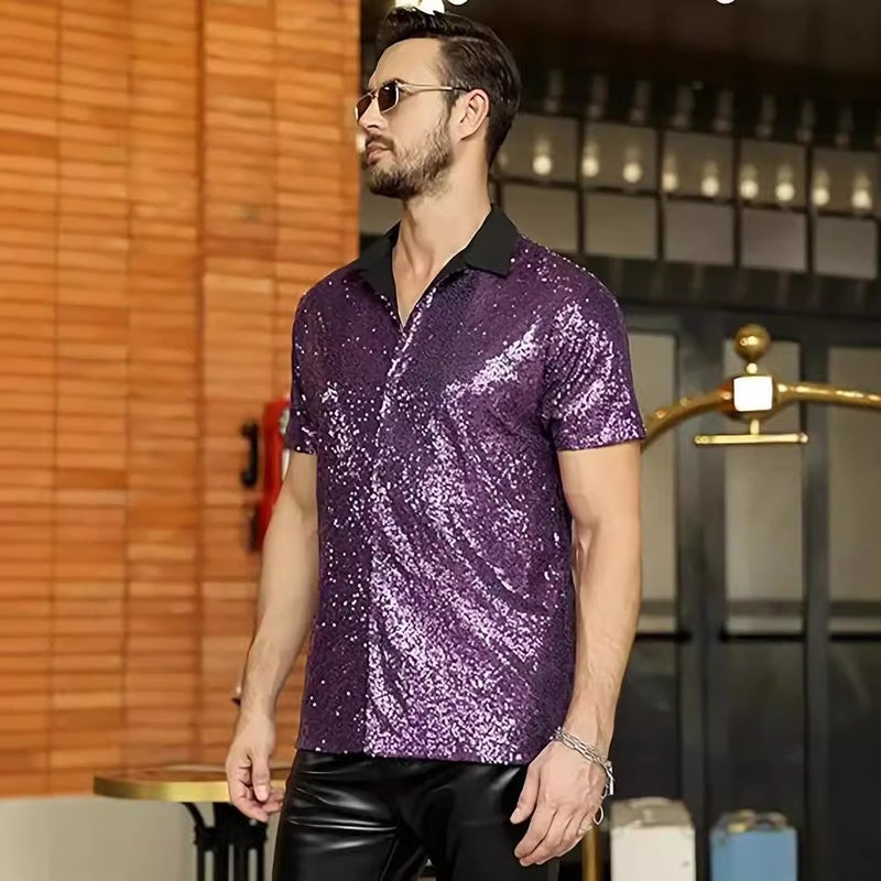 2025 Trade Men'S Lapel Sequin Short-Sleeved Shirt Disco Shine Party Style Shirt - Image 5
