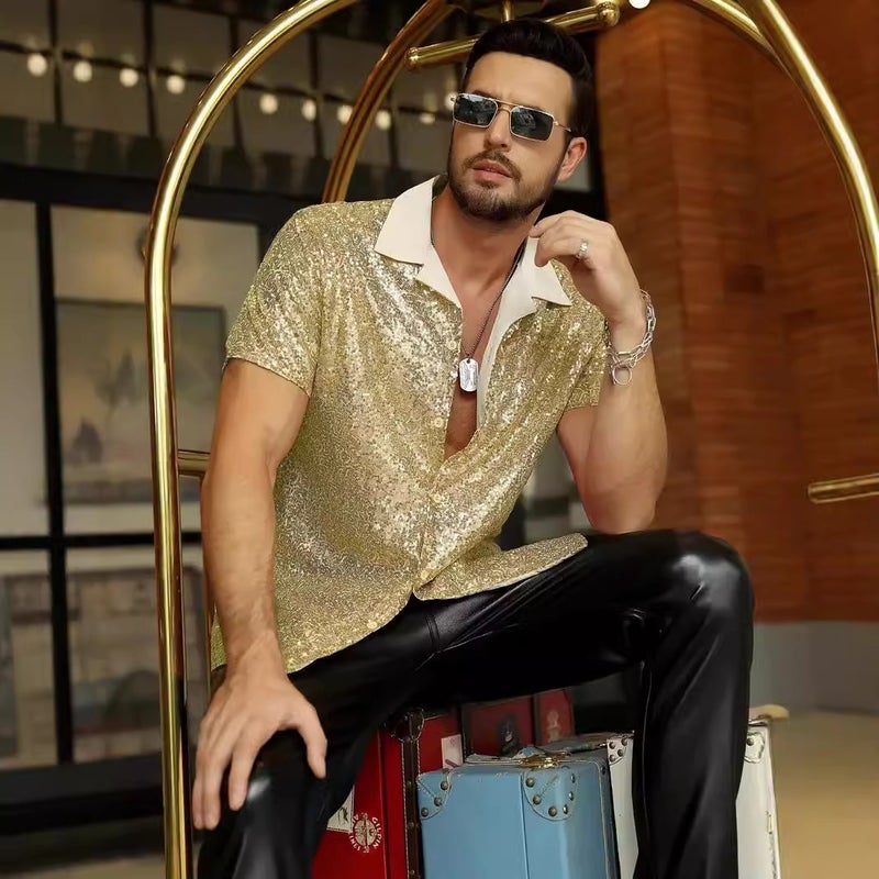 2025 Trade Men'S Lapel Sequin Short-Sleeved Shirt Disco Shine Party Style Shirt - Image 4