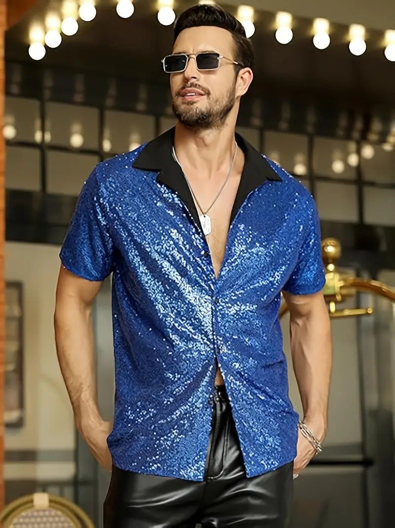 2025 Trade Men'S Lapel Sequin Short-Sleeved Shirt Disco Shine Party Style Shirt - Image 1