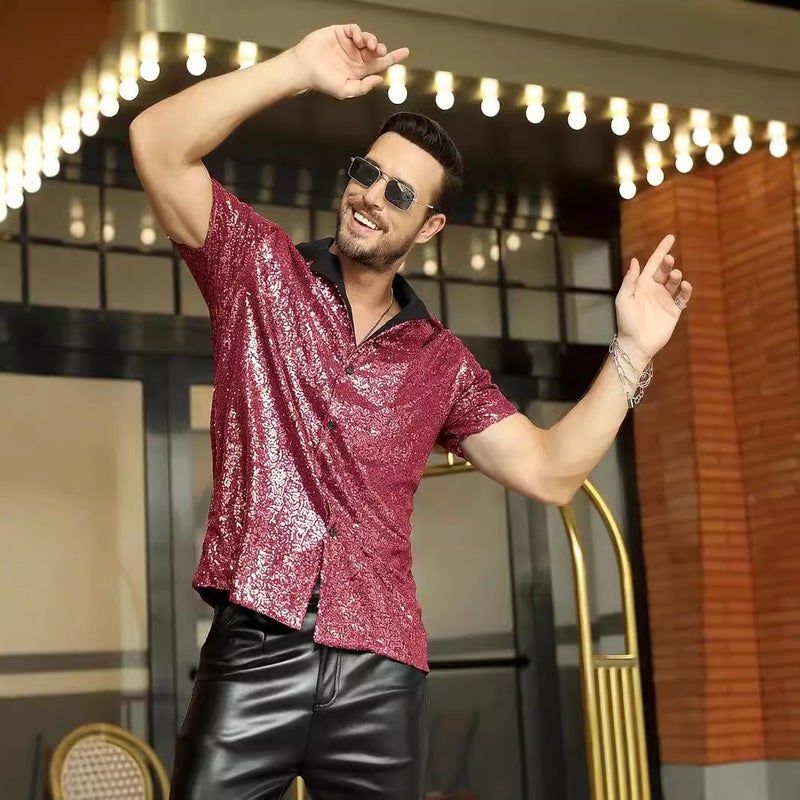 2025 Trade Men'S Lapel Sequin Short-Sleeved Shirt Disco Shine Party Style Shirt - Image 2