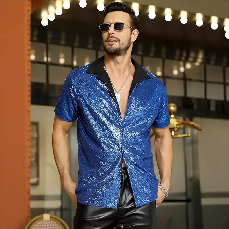 2025 Trade Men'S Lapel Sequin Short-Sleeved Shirt Disco Shine Party Style Shirt - Image 3