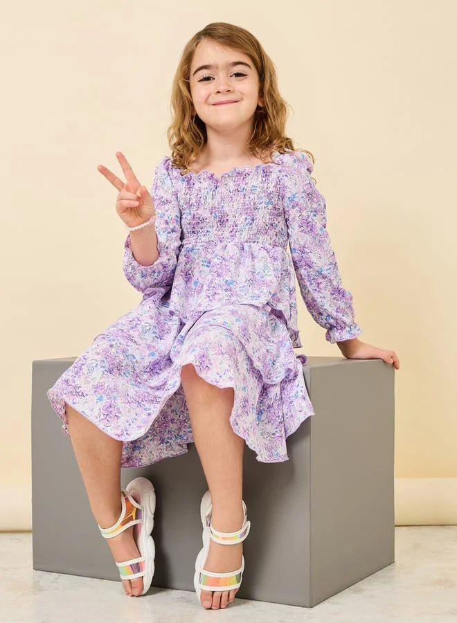 Styli Floral Printed Ruffled Dress with Puff Sleeves