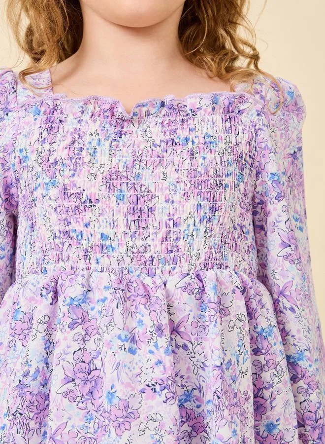 Styli Floral Printed Ruffled Dress with Puff Sleeves