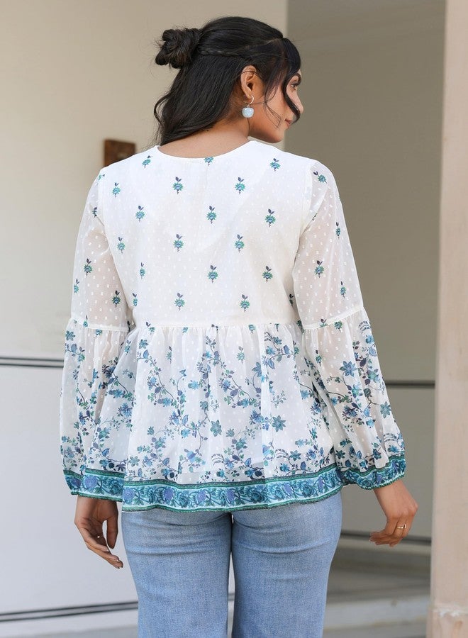 Janasya Women's White Georgette Digital Print Flared Top (JNE4045-TP-RE-M) - Image 4