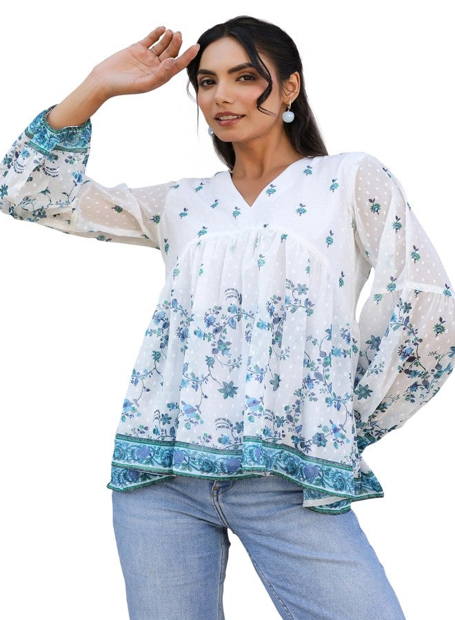 Janasya Women's White Georgette Digital Print Flared Top (JNE4045-TP-RE-M) - Image 1
