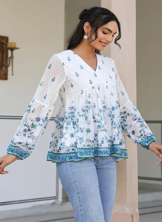 Janasya Women's White Georgette Digital Print Flared Top (JNE4045-TP-RE-M) - Image 5