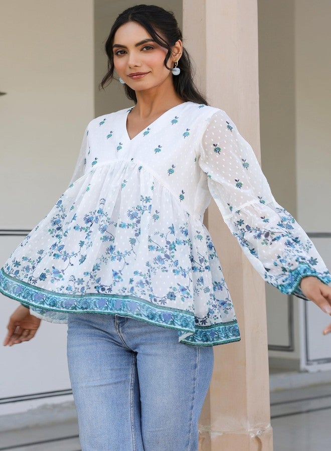 Janasya Women's White Georgette Digital Print Flared Top (JNE4045-TP-RE-M) - Image 2