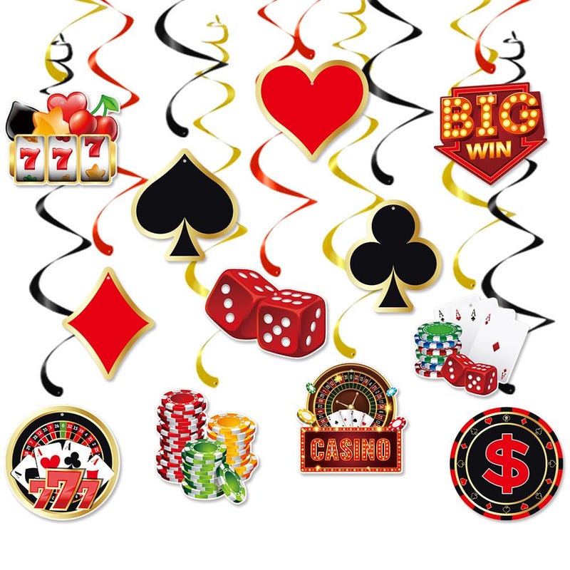 Oiuyamn 12 PCS Casino Theme Hanging Swirls Decorations, Gambling Idea Spiral Ornaments, Las Vegas Poker Games Party Supplies, Ceiling Hangings for Casino Night Birthday Decor - Image 1