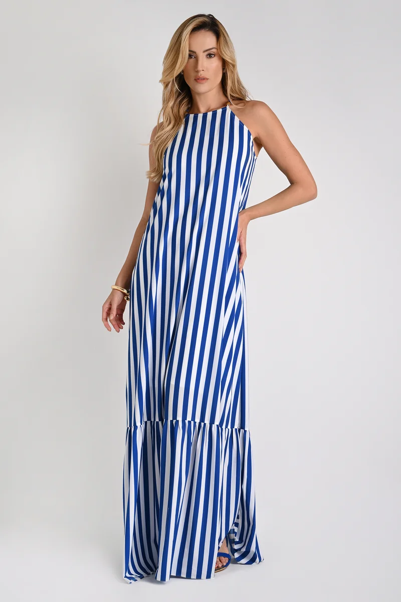 Carmen Steffens Mullet Dress Halter Neck Blue Striped