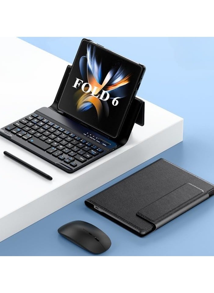 The wireless keyboard is compatible with the Samsung Galaxy Z Fold 6 5G, and the Bluetooth keyboard wirelessly connects to the Z Fold 6's holster and pen
