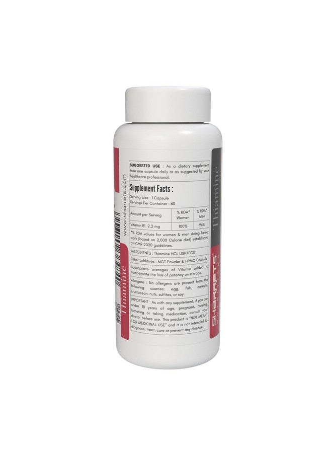 Sharrets Vitamin B1 Thiamine Supplement 60 Capsules: Supports Energy & Nerve Health. - Image 2