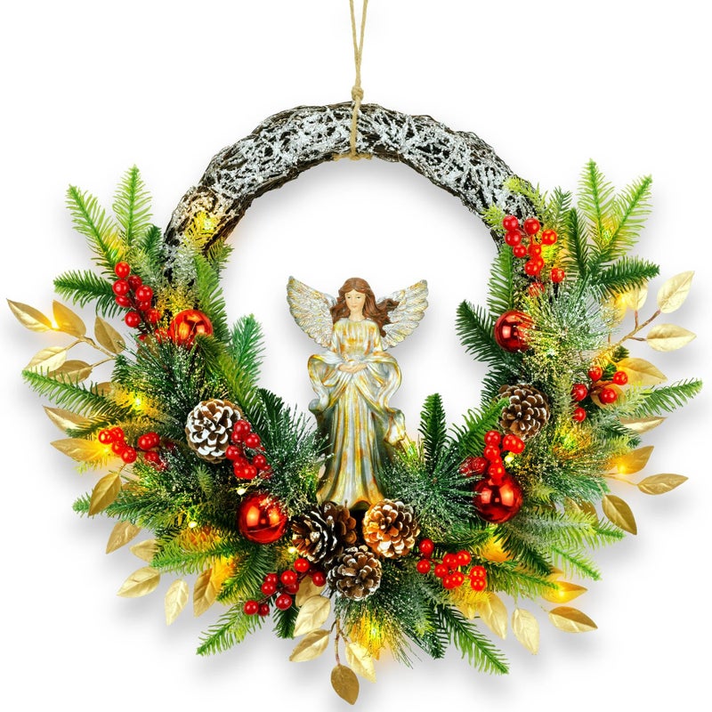 YULETIME 24 Angel Christmas Wreath Artificial Holiday Wreath with Resin Angel Statue Natural Rattan Ring Pine Cones Golden Leaves Red Baubles Spruce Branches Snowy Pine Needles