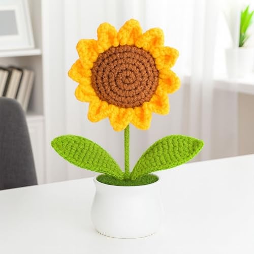 PANCA Crochet Sunflower Pot – Artificial Sunflower for Office Desk, Car Dashboard & Home Decor | Handcrafted Yarn Flower in Pot, for Wedding, Bedroom (Sunflower in White Pot) - Image 1