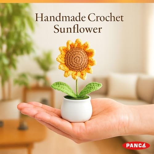 PANCA Crochet Sunflower Pot – Artificial Sunflower for Office Desk, Car Dashboard & Home Decor | Handcrafted Yarn Flower in Pot, for Wedding, Bedroom (Sunflower in White Pot) - Image 3
