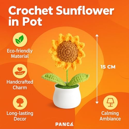 PANCA Crochet Sunflower Pot – Artificial Sunflower for Office Desk, Car Dashboard & Home Decor | Handcrafted Yarn Flower in Pot, for Wedding, Bedroom (Sunflower in White Pot) - Image 2