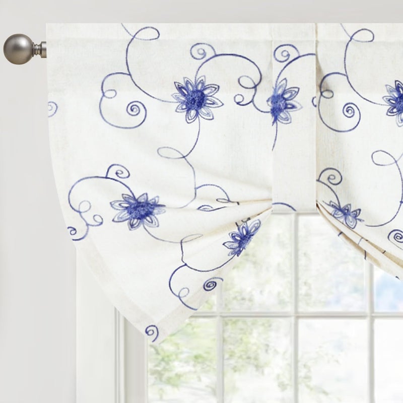VOGOL Adjustable TieUp Valance Curtain  Blue Floral Embroidered Rod Pocket Window Treatment for Kitchen Bathroom Cafe 52x18 Inches