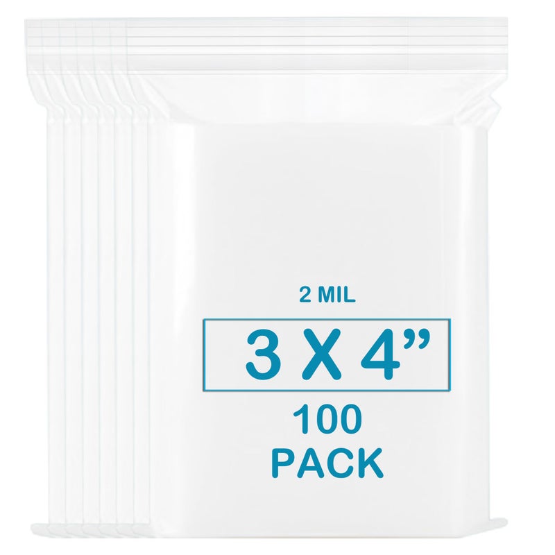 pikdmin 3''X 4'' (Pack of 100) 2 Mil Thick Clear Reclosable Small Zip Plastic Poly Bags With Resealable Lock Seal Zipper for Photo, Jewelry, Bakery, Treats, Travel, Storage, Packaging & Shipping - Image 1