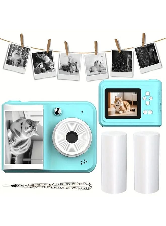 Blue Instant Print Camera with 2 Rolls Photo Paper USB Rechargeable Digital Photo Printer - Image 1