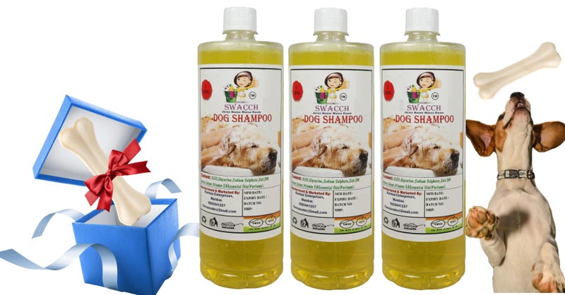 swacch Shampoo | Puppy Safe Shampoo | Dog Shampoo (1 Litre) (Pack of 3) Lemon + Large White Bone | Dog Chew Bones | Teething chew Toy | Dental Teething | Combo Pack - Image 1